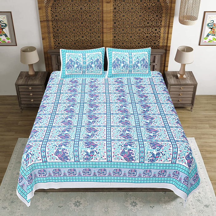 Jaipuri Print Cotton king 90 by 108 Floral Bedsheet with two big size pillow cover BS-37 Skyblue