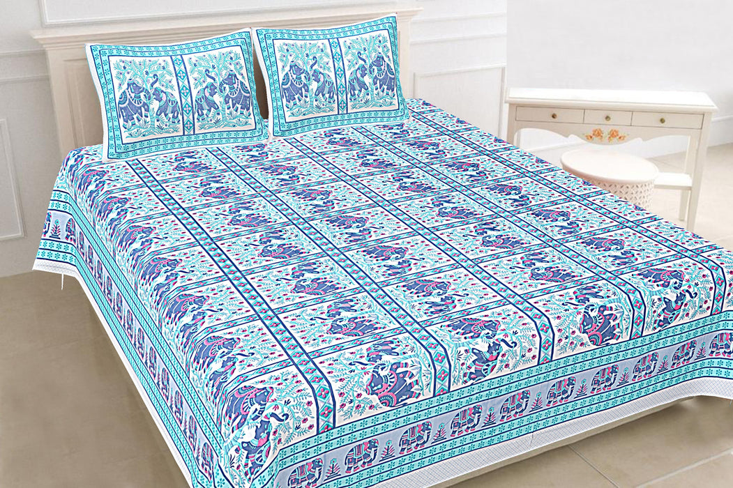 Jaipuri Print Cotton king 90 by 108 Floral Bedsheet with two big size pillow cover BS-37 Skyblue