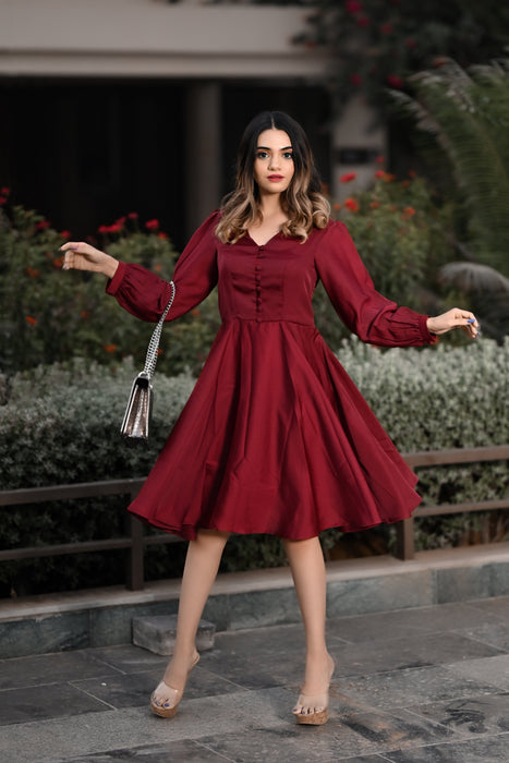 BURGUNDY BUTTONED SEMI- FORMAL DRESS