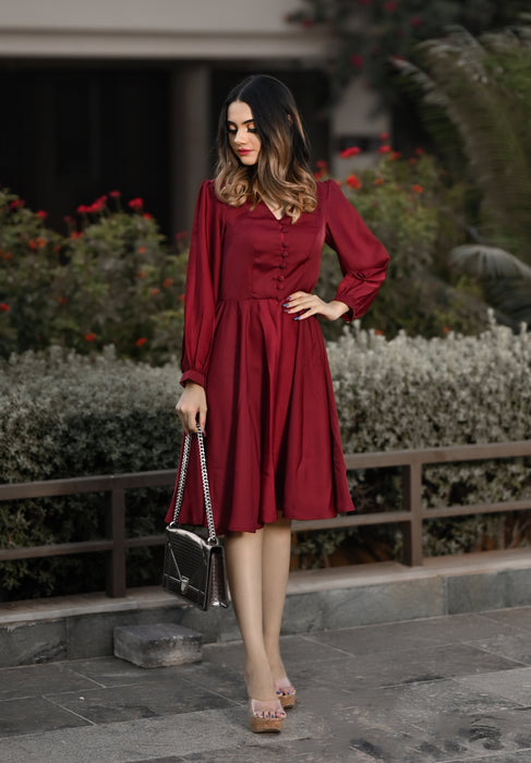 BURGUNDY BUTTONED SEMI- FORMAL DRESS