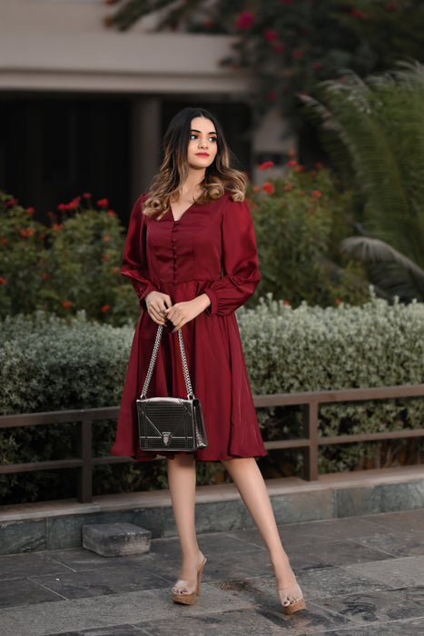 BURGUNDY BUTTONED SEMI- FORMAL DRESS