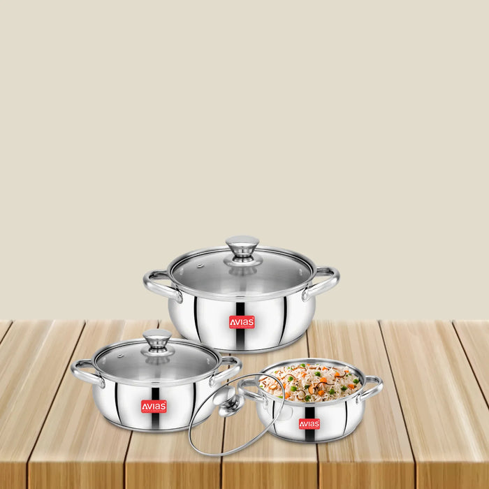 Inox Ib 6Pcs Cookpot Set | Sandwich Bottom | Robust And Highly Durable | Induction Friendly | Riveted Handles | 3 Pieces Of Cookpot + Glass Lid