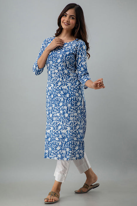 Women's Rayon Printed Calf Length Straight Kurta KR081BLUE