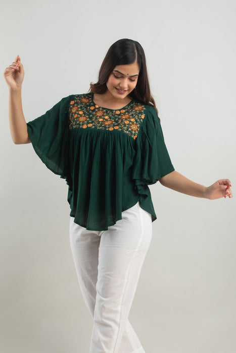 Women's Rayon embroidered Hip Length Formal Tops KRT019GREEN