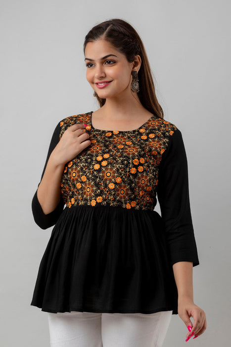 Women's Rayon embroidered Hip Length Formal Tops KRT037BLACK