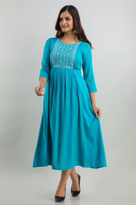 Women's Solid Dyed Rayon Designer Embroidered A-Line Kurta - KR0105TURQUOISE