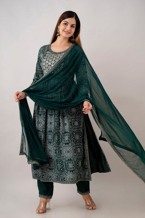 Traditional Zari Embroidery Work A-Line Kurta With Trouser & Dupatta - KR3004GREEN