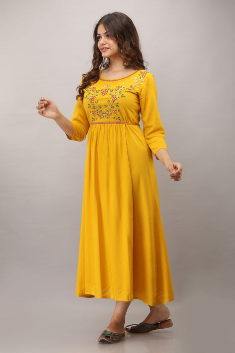 Women's Solid Dyed Rayon Designer Embroidered A-Line Kurta - KR006MUSTARD