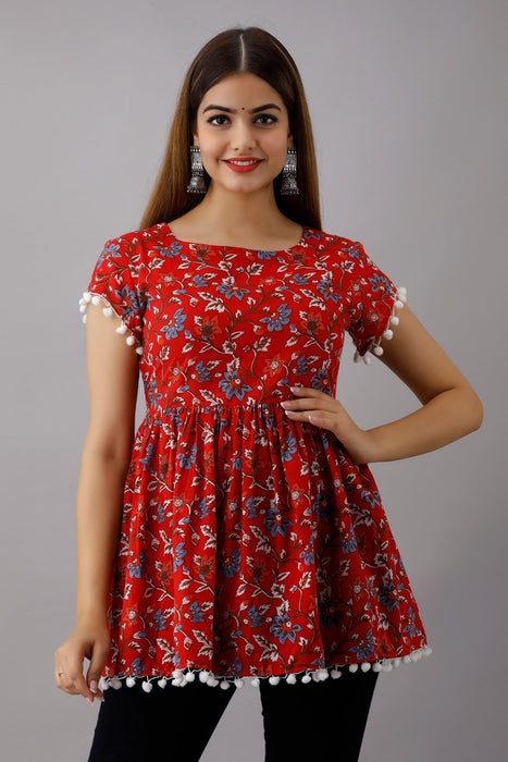 Women's Pure Cotton Printed Hip Length Formal Tops KRT010RED