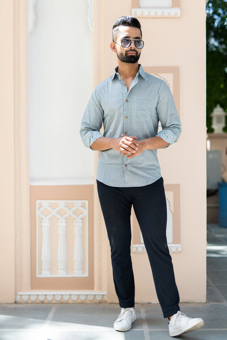 Light Blue Zigzag Print Casual Shirt