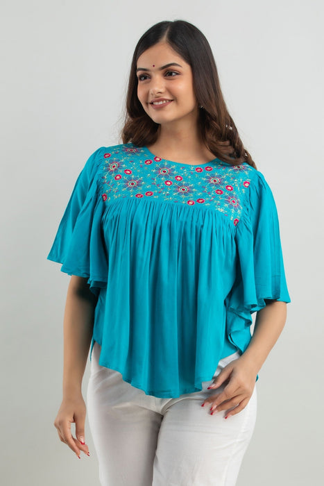 Women's Rayon embroidered Hip Length Formal Tops KRT019TURQUOISE