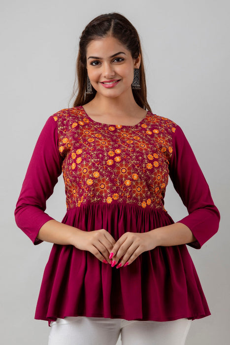 Women's Rayon embroidered Hip Length Formal Tops KRT037WINE