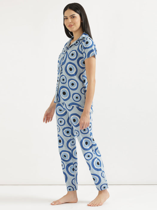 Button Down Blue Evil Eye Co-ord Set-CK-BLUEEVILEYE-BD