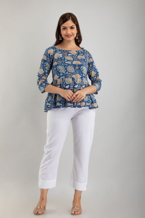 Women's Pure Cotton Printed Hip Length Formal Tops KRT031BLUE