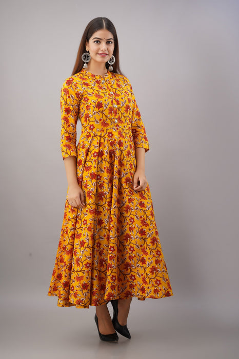 Women's Pure Cotton Printed Ankle Length Flared Traditional Kurta KR018MUSTARD