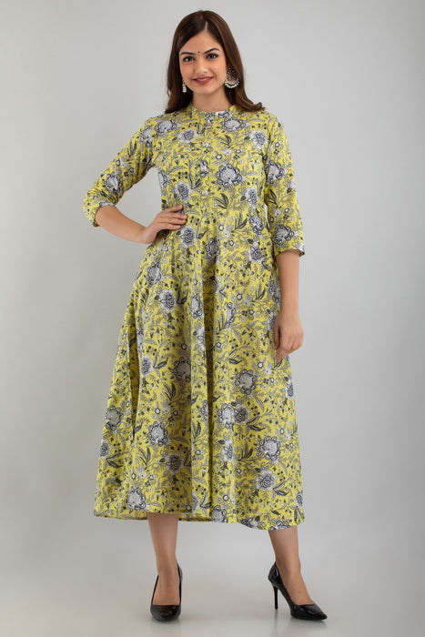 Women's Pure Cotton Printed Ankle Length Flared Traditional Kurta KR0108YELLOW