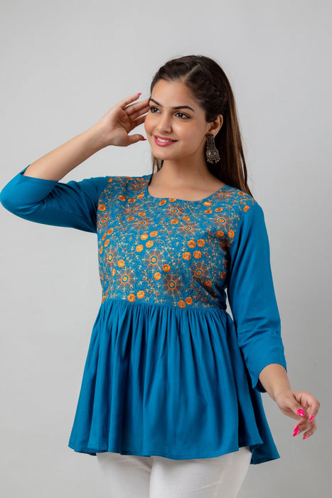 Women's Rayon embroidered Hip Length Formal Tops KRT037BLUE