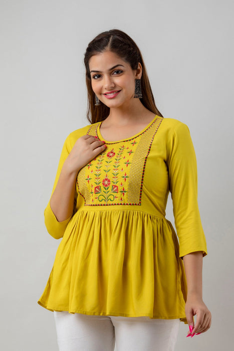 Women's Rayon embroidered Hip Length Formal Tops KRT036MUSTARD