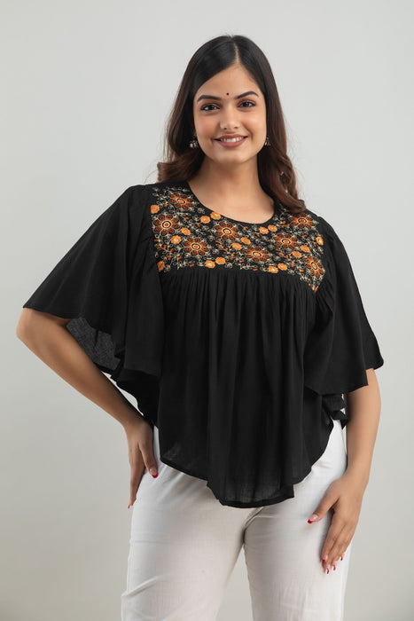 Women's Rayon embroidered Hip Length Formal Tops KRT019BLACK