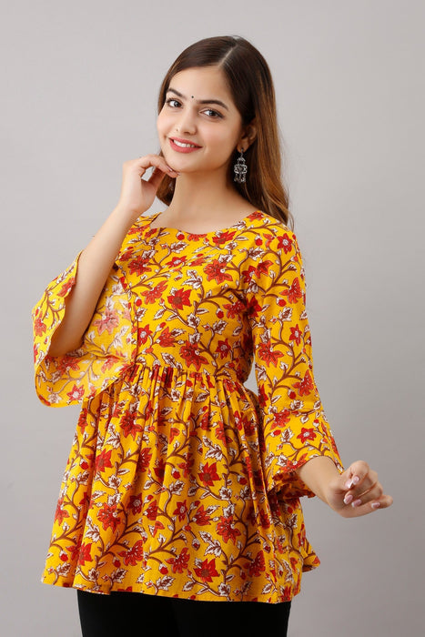 Women's Pure Cotton Printed Hip Length Formal Tops KRT007YELLOW