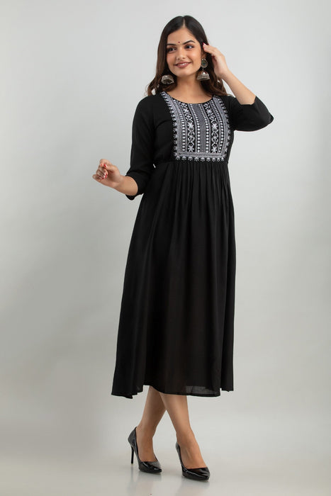 Women's Solid Dyed Rayon Designer Embroidered A-Line Kurta - KR0105BLACK