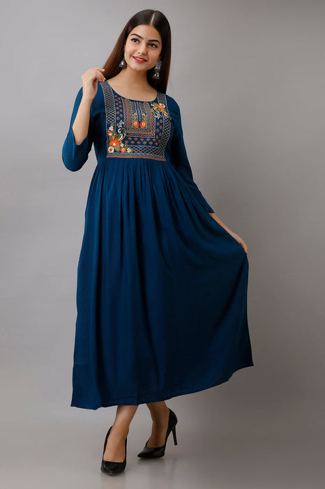 Women's Solid Dyed Rayon Designer Embroidered A-Line Kurta - KR037BLUE