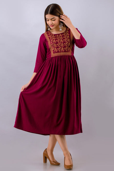 Women's Solid Dyed Rayon Designer Embroidered A-Line Kurta - KR064WINE