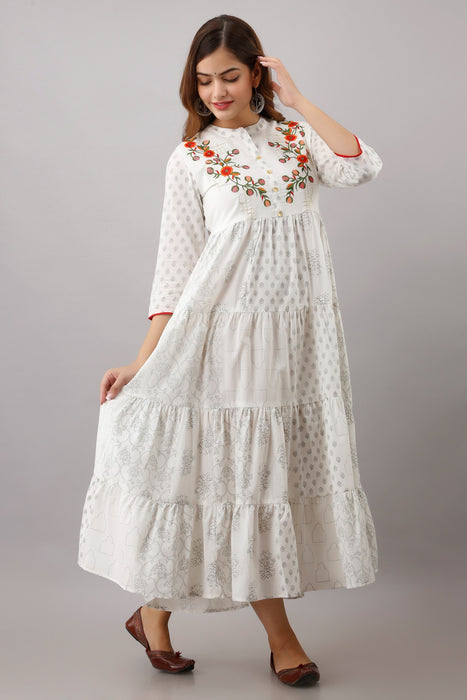 Women's Pure Cotton Printed Ankle Length Full Flared Traditional Kurta KR001WHITE