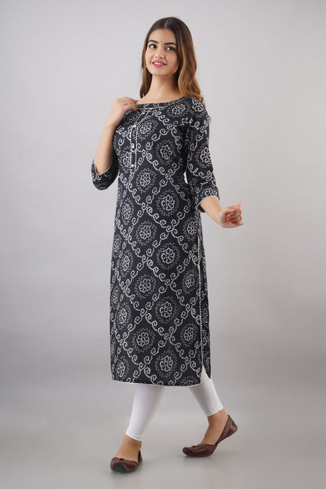 Women's 100% Pure Cotton Printed Calf Length Straight Kurta KR051BLACK