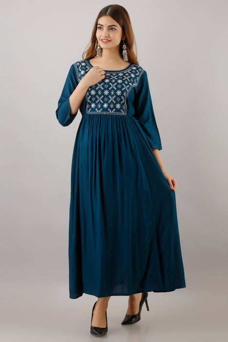 Women's Solid Dyed Rayon Designer Embroidered A-Line Kurta - KR016BLUE