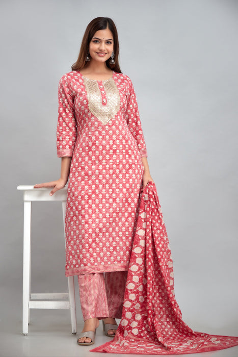 Traditional Zari Embroidery Work A-Line Kurta With Trouser & Dupatta - KR3011PINK