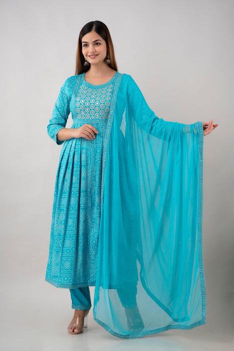 Traditional Zari Embroidery Work A-Line Kurta With Trouser & Dupatta - KR3004TURQUOISE