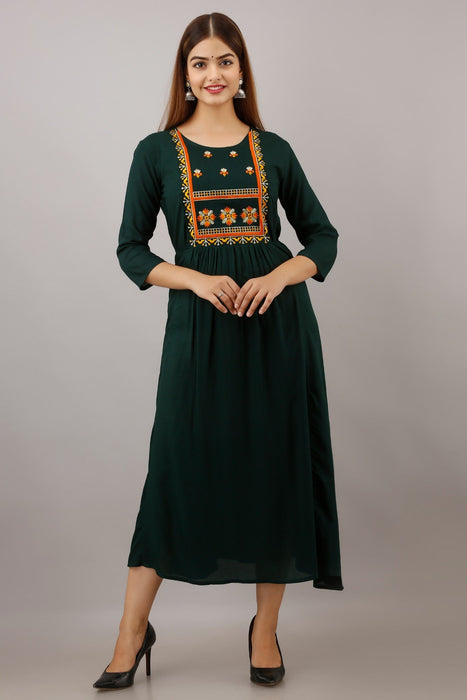 Women's Solid Dyed Rayon Designer Embroidered A-Line Kurta - KR054GREEN