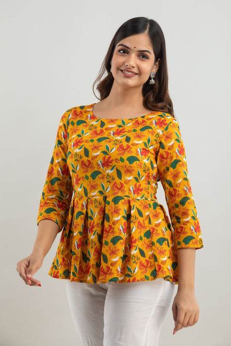 Women's Pure Cotton Printed Hip Length Formal Tops KRT023YELLOW