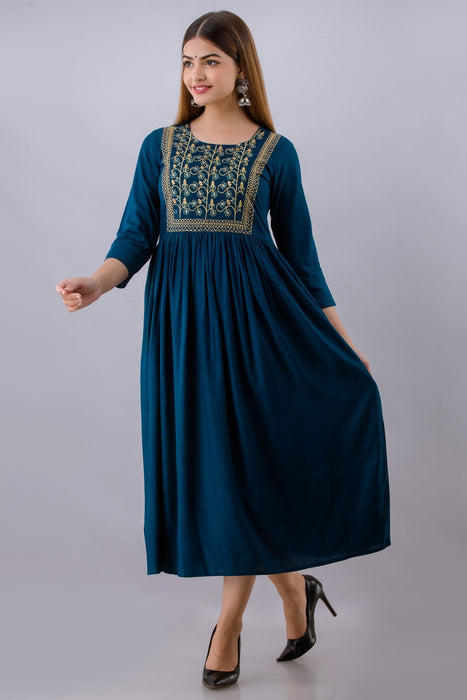 Women's Solid Dyed Rayon Designer Embroidered A-Line Kurta - KR064BLUE