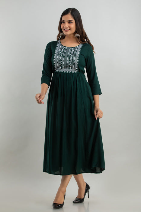 Women's Solid Dyed Rayon Designer Embroidered A-Line Kurta - KR0105GREEN