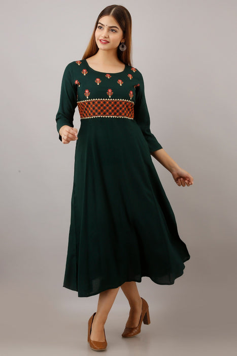 Women's Solid Dyed Rayon Designer Embroidered A-Line Kurta - KR053GREEN