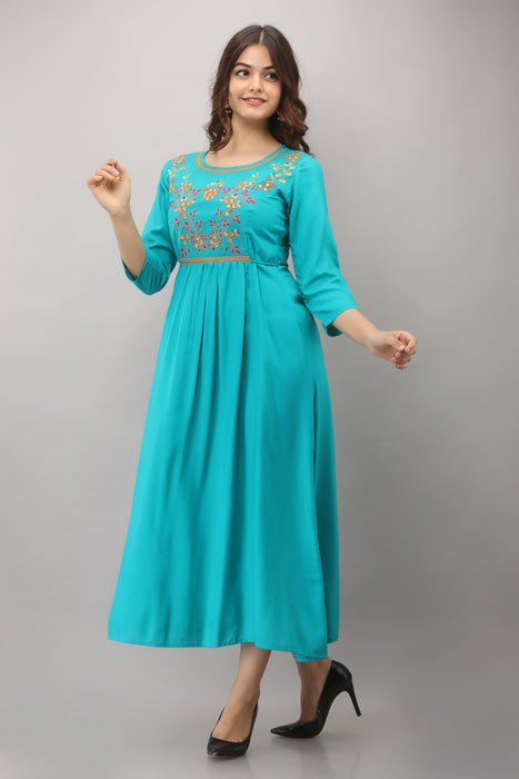 Women's Solid Dyed Rayon Designer Embroidered A-Line Kurta - KR3006TURQUOISE