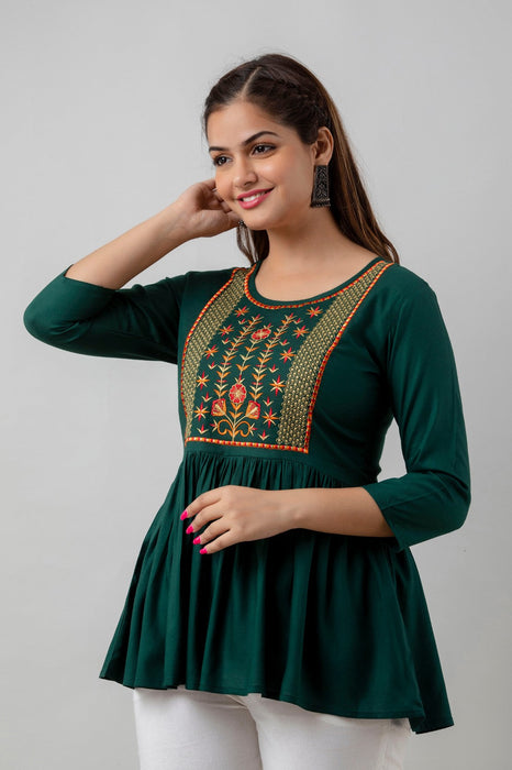 Women's Rayon embroidered Hip Length Formal Tops KRT036GREEN