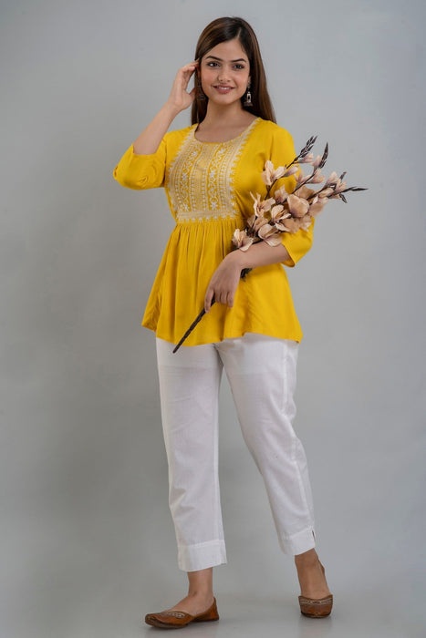 Women's Rayon embroidered Hip Length Formal Tops KRT035YELLOW