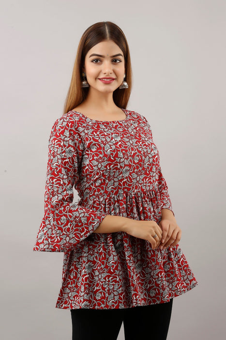 Women's Pure Cotton Printed Hip Length Formal Tops KR001RED