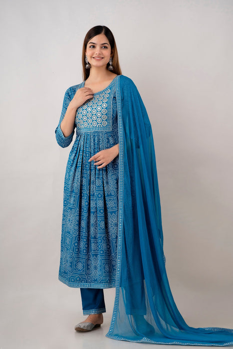 Traditional Zari Embroidery Work A-Line Kurta With Trouser & Dupatta - KR3004BLUE