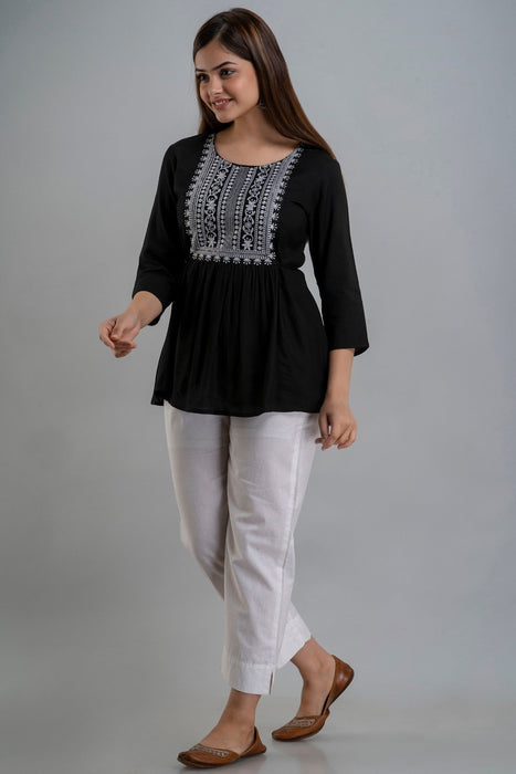 Women's Rayon embroidered Hip Length Formal Tops KRT035BLACK