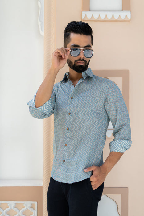 Light Blue Zigzag Print Casual Shirt