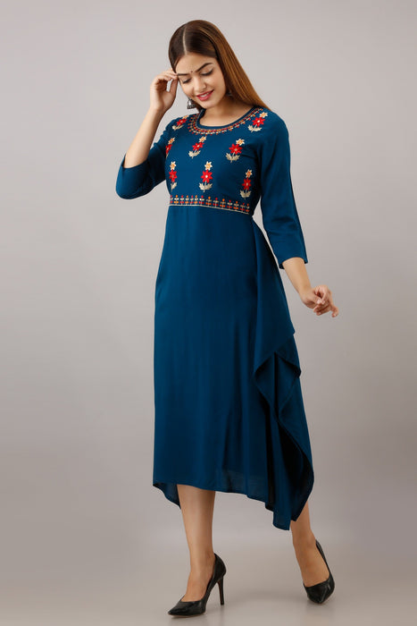 Women's Solid Dyed Rayon Designer Embroidered A-Line Kurta - KR052BLUE