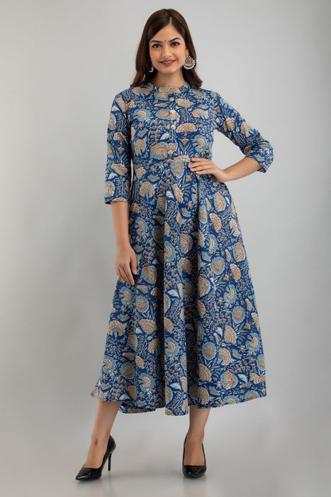 Women's Pure Cotton Printed Ankle Length Flared Traditional Kurta KR0109BLUE