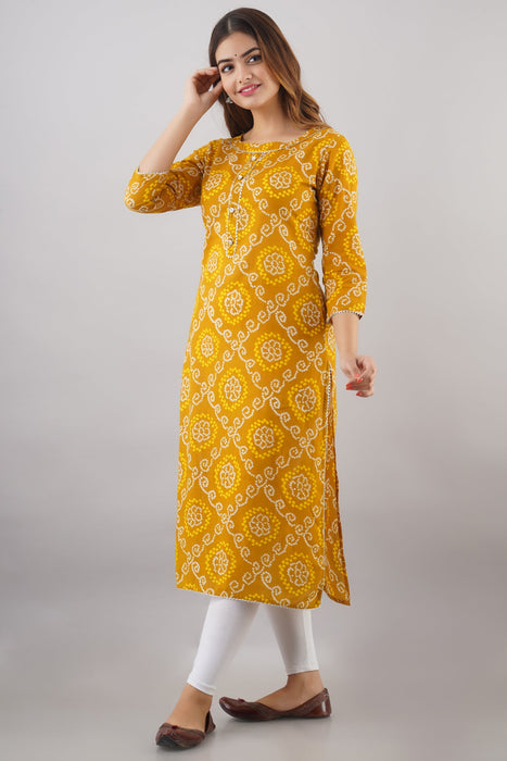 Women's 100% Pure Cotton Printed Calf Length Straight Kurta KR051YELLOW