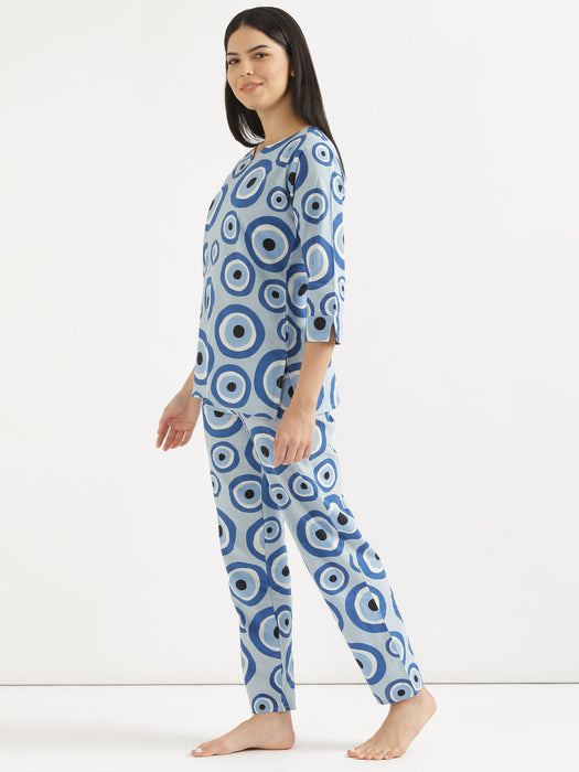 Notched Neck Blue Evil Eye Co-ord Set-CK-BLUEEVILEYENOTCHED