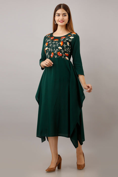 Women's Solid Dyed Rayon Designer Embroidered A-Line Kurta - KR046GREEN