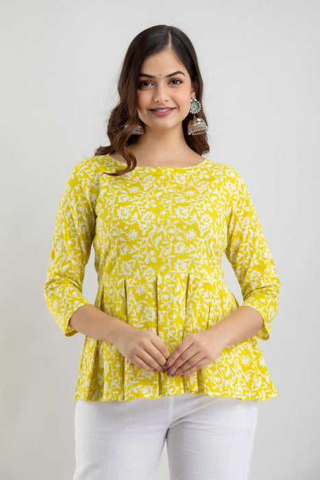 Women's Pure Cotton Printed Hip Length Formal Tops KRT028YELLOW